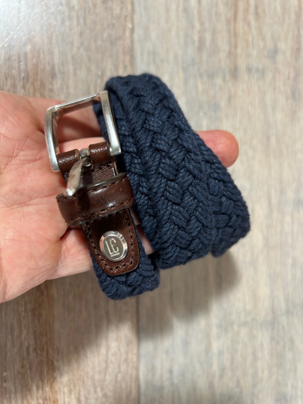 1997 Liz Claiborne Navy Woven Stretch Belt with Brown Leather Trim size small